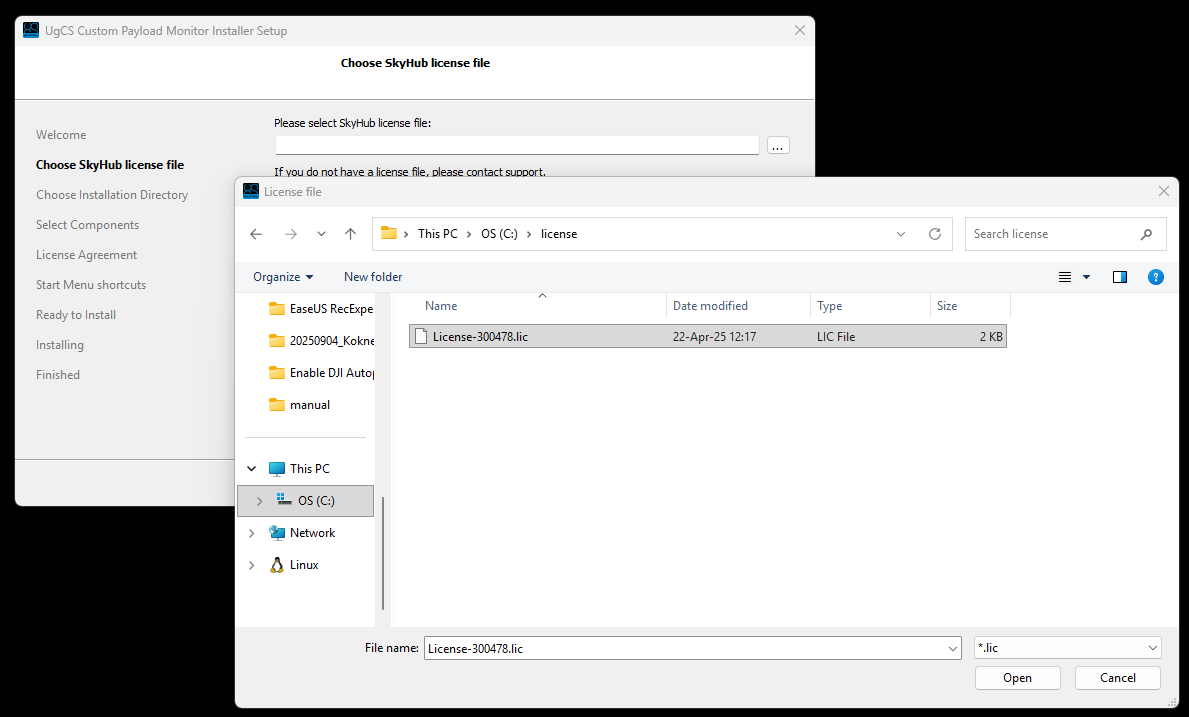 SkyHub license file selection